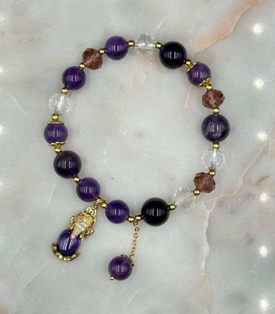 Myrtilus Amethyst Crystal Bead Bracelet with Pave Fish Pendant – Handmade with Beads