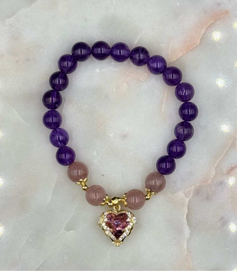 Myrtilus Amethyst Crystal Heart Charm Bracelet – Handmade with Beads