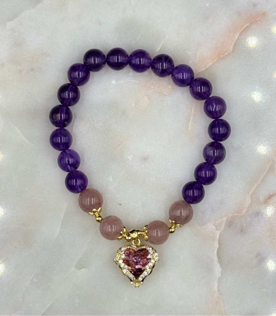 Myrtilus Amethyst Crystal Heart Charm Bracelet – Handmade with Beads