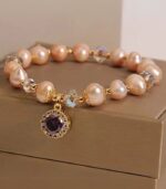 Myrtilus Champagne Pearl Bracelet with Amethyst Pendant – Handmade Luxury Jewelry