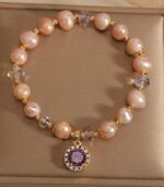 Myrtilus Champagne Pearl Bracelet with Amethyst Pendant – Handmade Luxury Jewelry