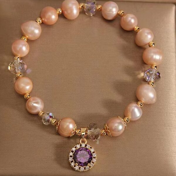 Myrtilus Champagne Pearl Bracelet with Amethyst Pendant – Handmade Luxury Jewelry