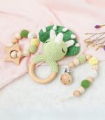Myrtilus Crochet Dinosaur Rattle & Teether Set – Handmade in Cotton