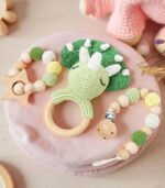 Myrtilus Crochet Dinosaur Rattle & Teether Set – Handmade in Cotton
