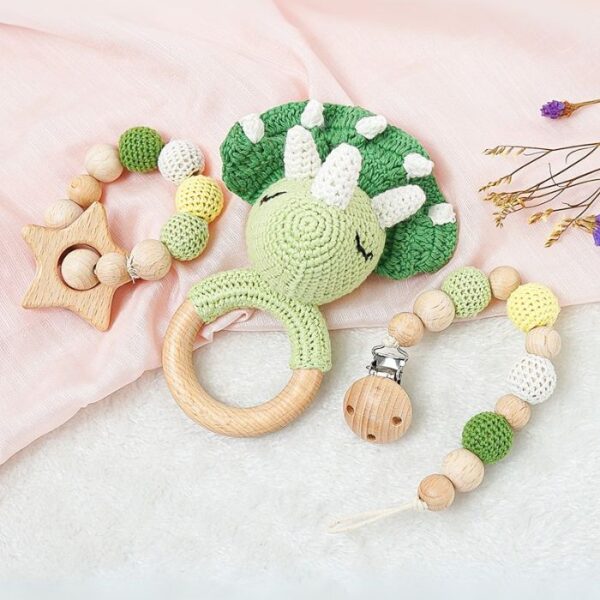 Myrtilus Crochet Dinosaur Rattle & Teether Set – Handmade in Cotton