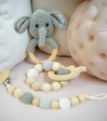 Myrtilus Crochet Elephant Rattle & Teether Set – Handmade in Cotton and Wood