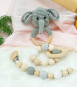 Myrtilus Crochet Elephant Rattle & Teether Set – Handmade in Cotton and Wood