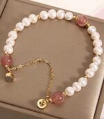 Myrtilus Freshwater Pearl & Strawberry Crystal Bracelet – Handmade with Beads