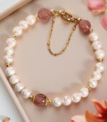 Myrtilus Freshwater Pearl & Strawberry Crystal Bracelet – Handmade with Beads