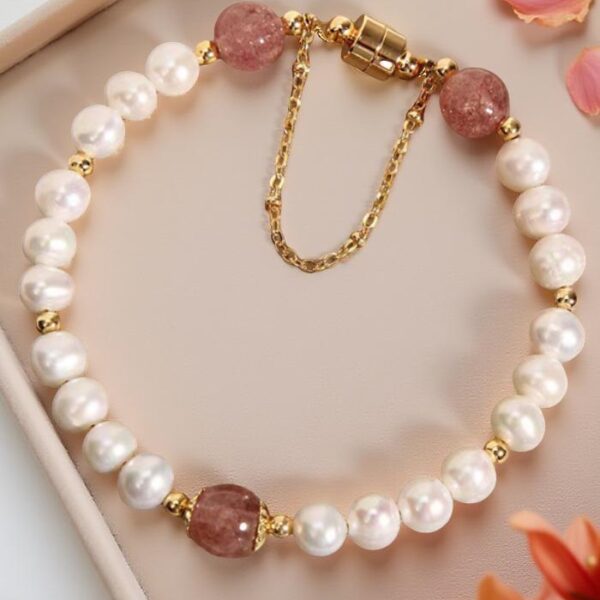 Myrtilus Freshwater Pearl & Strawberry Crystal Bracelet – Handmade with Beads