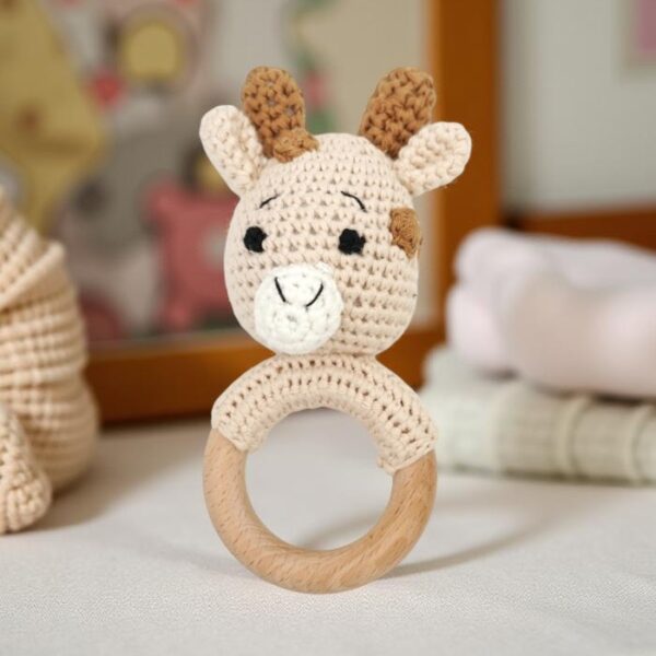 Myrtilus Handmade Crochet Deer Rattle with Beech Wood Teething Ring