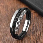 Myrtilus Unisex Leather Bracelet – 21cm Stainless Steel Bangle