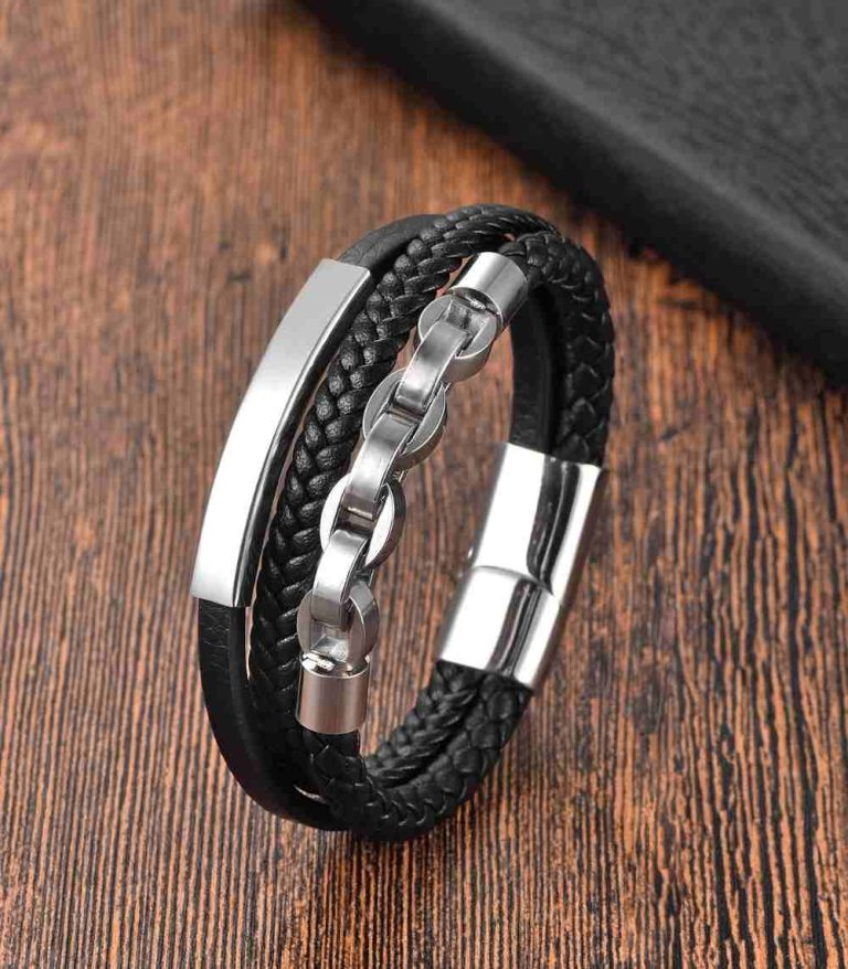 Myrtilus Unisex Leather Bracelet – 21cm Stainless Steel Bangle