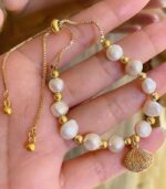 Myrtilus Natural Pearl Bead Bracelet – Elegant Gold-Accented Shell Charm Jewelry