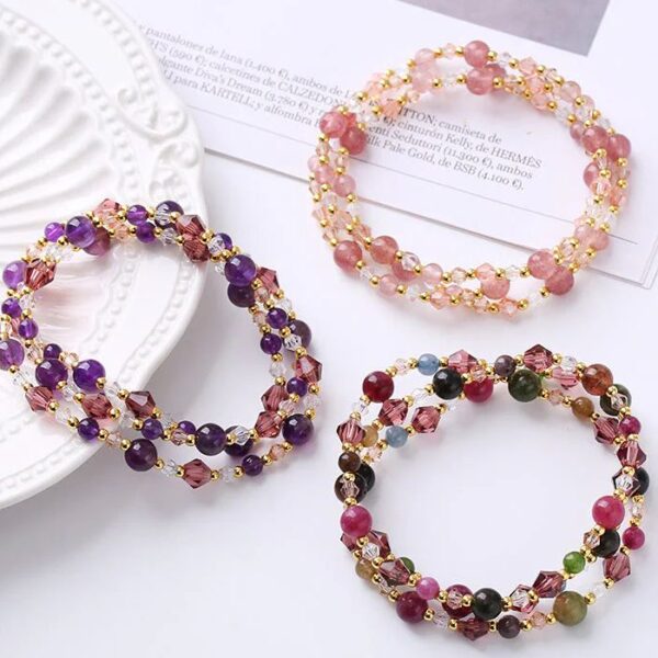 Myrtilus Natural Tourmaline, Strawberry Quartz & Amethyst Double-Wrap Bracelet