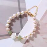 Myrtilus Pearl & Aventurine Bracelet with Shell Rose – Handmade Stretch Jewelry