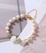 Myrtilus Pearl & Aventurine Bracelet with Shell Rose – Handmade Stretch Jewelry
