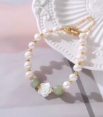 Myrtilus Pearl & Aventurine Bracelet with Shell Rose – Handmade Stretch Jewelry