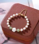 Myrtilus Pearl & Aventurine Bracelet with Shell Rose – Handmade Stretch Jewelry