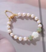 Myrtilus Pearl & Aventurine Bracelet with Shell Rose – Handmade Stretch Jewelry
