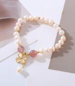 Myrtilus Pearl & Quartz Clover Bracelet – Handmade Lucky Charm Jewelry