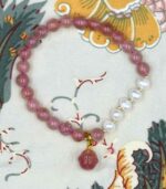 Myrtilus Strawberry Quartz & Freshwater Pearl Bracelet – Handmade with Purple Chalcedony Charms