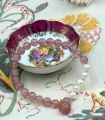 Myrtilus Strawberry Quartz & Freshwater Pearl Bracelet – Handmade with Purple Chalcedony Charms