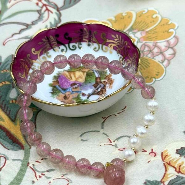 Myrtilus Strawberry Quartz & Freshwater Pearl Bracelet – Handmade with Purple Chalcedony Charms