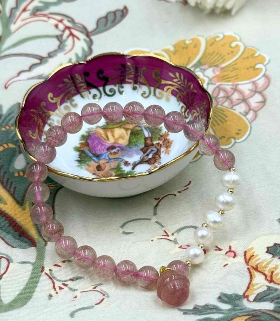 Myrtilus Strawberry Quartz & Freshwater Pearl Bracelet – Handmade with Purple Chalcedony Charms