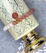 Myrtilus Strawberry Quartz & Freshwater Pearl Bracelet – Handmade with Purple Chalcedony Charms