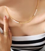 Myrtilus 18K Gold-Plated Lentil Stitching Necklace – Freshwater Pearl Chain for Unisex