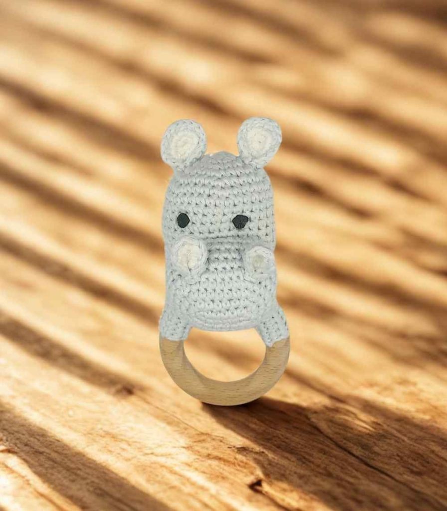 Myrtilus Handmade Crochet Cow Rattle with Beech Wood Teething Ring