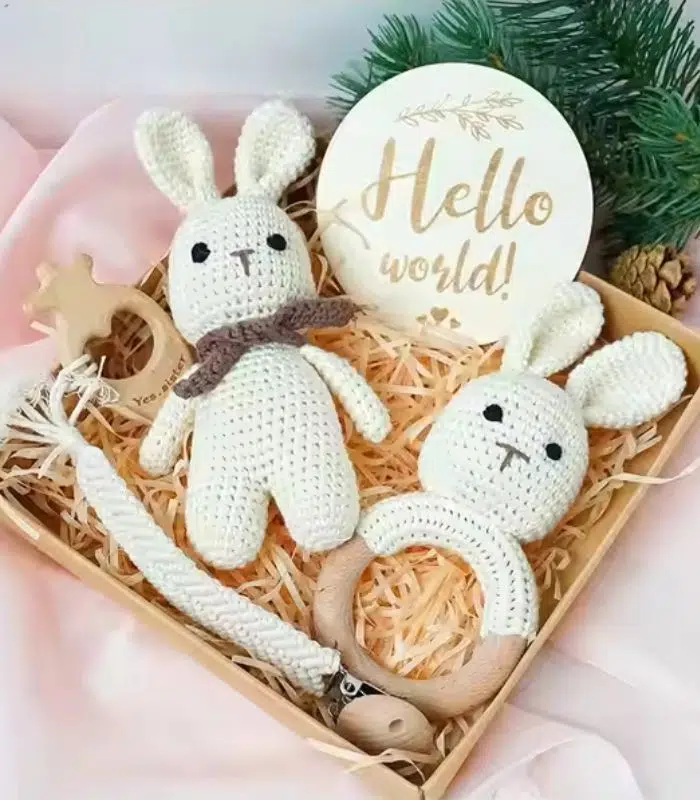 Myrtilus Crochet Bunny Baby Gift Set – Rattle, Teether & Milestone Card