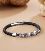 Myrtilus Unisex Leather Bracelet – 21cm Stainless Steel Bangle