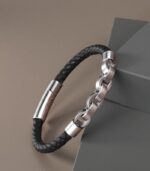 Myrtilus Unisex Leather Bracelet – 21cm Stainless Steel Bangle