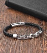 Myrtilus Unisex Leather Bracelet – 21cm Stainless Steel Bangle