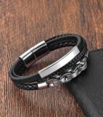 Myrtilus Unisex Leather Bracelet – 21cm Stainless Steel Bangle